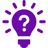 Purple lightbulb with lines shining outward and a question mark inside to reflect curiosity